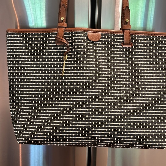 Fossil Womens Rachel Computer Bag Handbag PVC 1 Zip 2 Handles Polished Brass Key - Picture 1 of 15